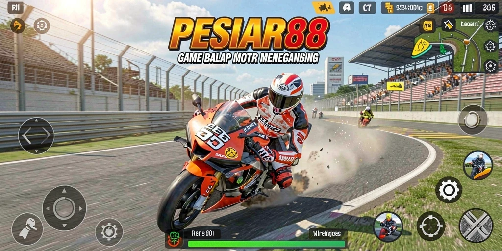 Gameplay seru PESIAR88 dengan motor balap di lintasan.