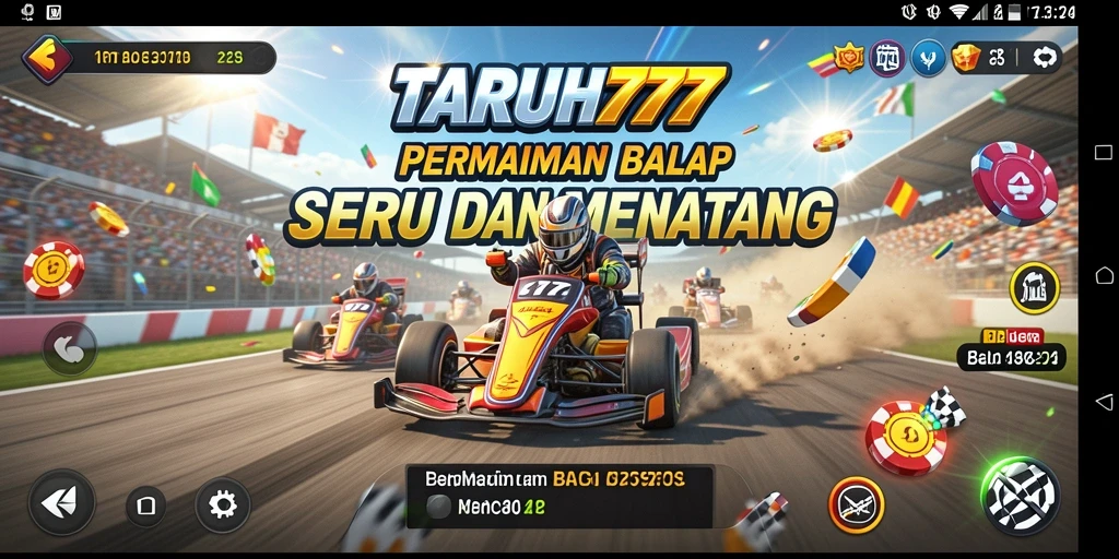 Screenshot utama TARUH777 menampilkan aksi seru balapan di lintasan.