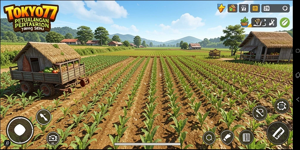 Screenshot gameplay TOKYO77 menampilkan kebun yang rapi dan hewan ternak yang bahagia.